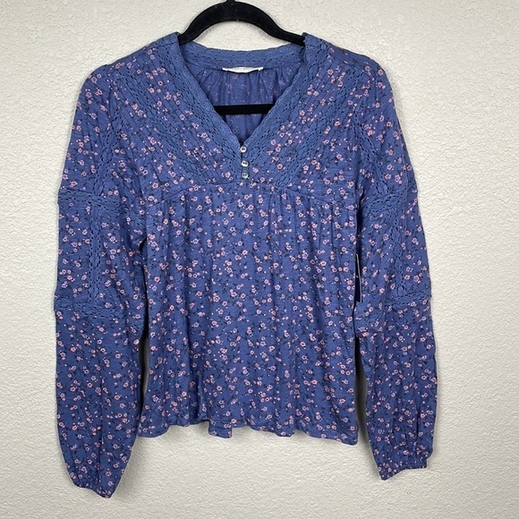 NWT Lucky Brand Floral Print Lace Inset Peasant Top Long Sleeve V Neck Sz XS - Picture 5 of 16